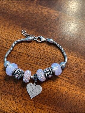 Silver Bracelet with Pink Beads and Heart Charm